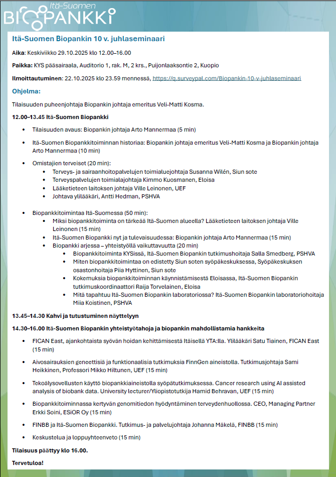 Itä-Suomen Biopankin 10 v. juhlaseminaari – katso ohjelma ja ilmoittaudu!